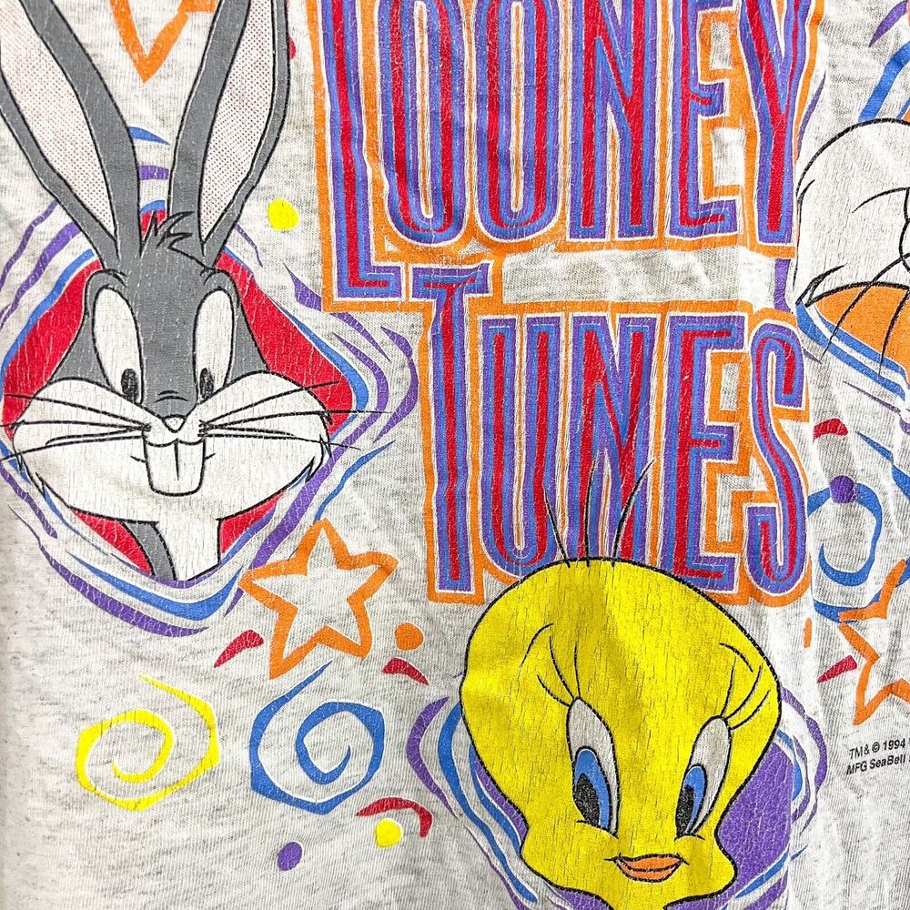 Vintage Looney Tunes T-Shirt Sz M 1994 Bugs Bunny Tweety Sylvester Taz 90s Gray - Picture 3 of 7